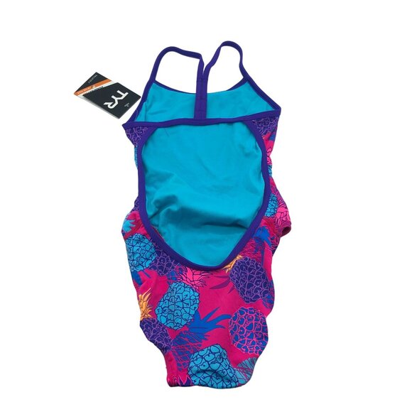 TYR Girls Panama Valleyfit One Piece Swimsuit Open Back Pineapples Pink Blue 26 - Picture 3 of 9